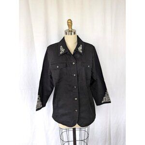 Quacker Factory Jacket Women's‎ Size Large Embroidered Canvas Button Down Black
